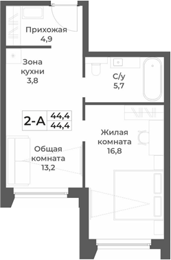 Планировка 2е-к.кв 44.40 м² в ЖК «RIZALTA РЕЗОРТ БЕЛОКУРИХА»