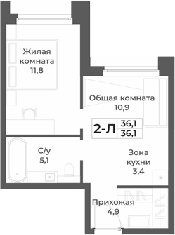 Планировка 2е-к.кв 36.10 м² в ЖК «RIZALTA РЕЗОРТ БЕЛОКУРИХА»