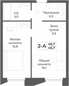 Планировка 2е-к.кв 46.70 м² в ЖК «RIZALTA РЕЗОРТ БЕЛОКУРИХА»