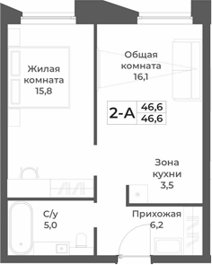 Планировка 2е-к.кв 46.60 м² в ЖК «RIZALTA РЕЗОРТ БЕЛОКУРИХА»