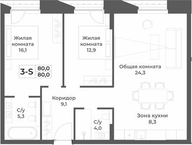 Планировка 3е-к.кв 80.00 м² в ЖК «RIZALTA РЕЗОРТ БЕЛОКУРИХА»