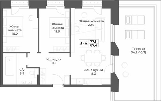 Планировка 3е-к.кв 77.10 м² в ЖК «RIZALTA РЕЗОРТ БЕЛОКУРИХА»