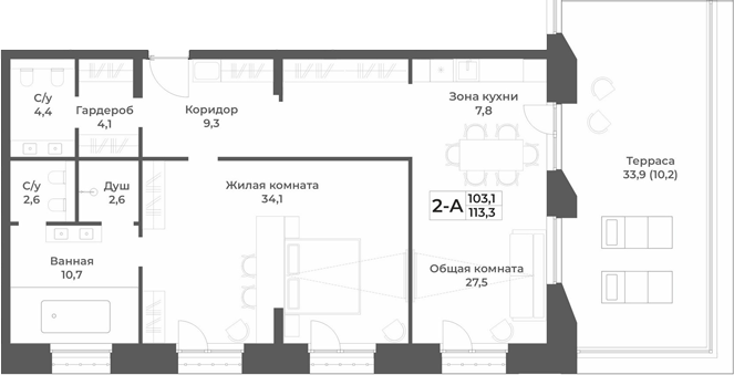 Планировка 2е-к. квартира 103.10 м² в ЖК «RIZALTA РЕЗОРТ БЕЛОКУРИХА»