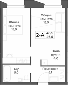 Планировка 2е-к.кв 46.50 м² в ЖК «RIZALTA РЕЗОРТ БЕЛОКУРИХА»