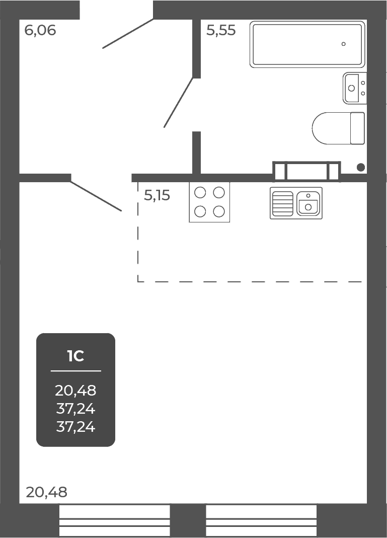 Планировка 1-к.кв 37.24 м² в ЖК «НОВА АПАРТ»
