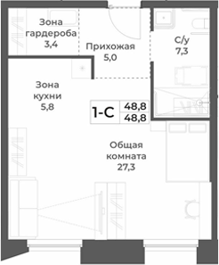 Планировка студии 48.80 м² в ЖК «RIZALTA РЕЗОРТ БЕЛОКУРИХА»