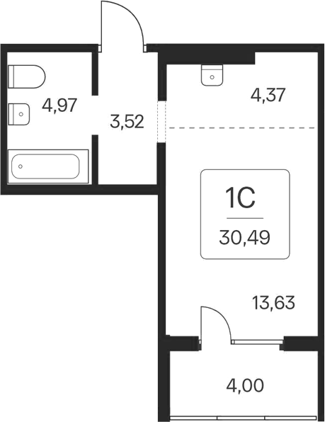 Планировка студии 26.49 м² в ЖК «Эко-квартал на Кедровой»