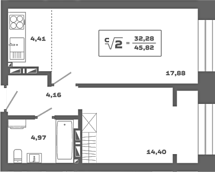 Планировка 2е-к.кв 45.82 м² в ЖК «Ньютон»