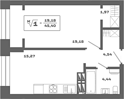 Планировка 1-к.кв 45.40 м² в ЖК «Ньютон»