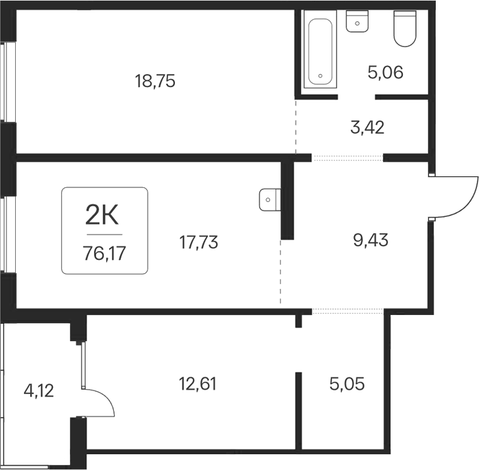 Планировка 2-к.кв 72.05 м² в ЖК «Эко-квартал на Кедровой»