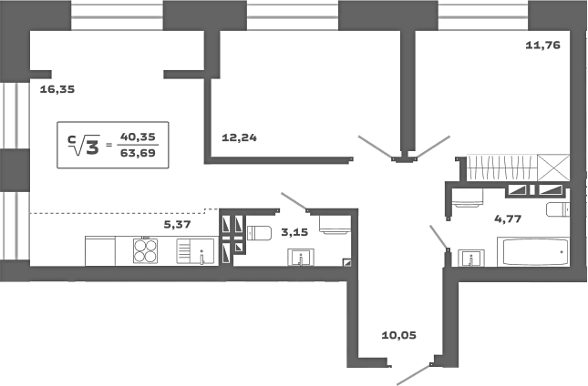 Планировка 3е-к.кв 63.69 м² в ЖК «Ньютон»