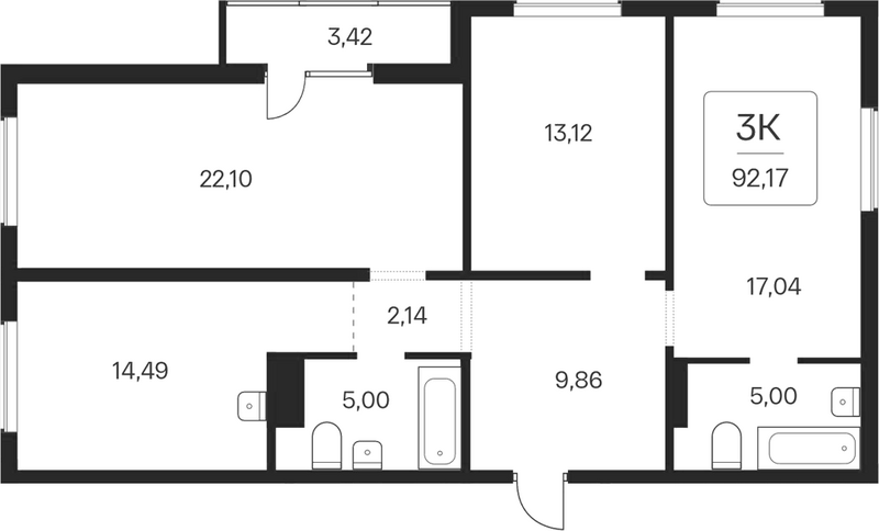 Планировка 3-к.кв 88.75 м² в ЖК «Эко-квартал на Кедровой»