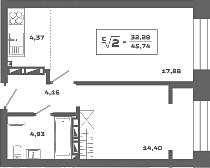 Планировка 2е-к.кв 45.74 м² в ЖК «Ньютон»