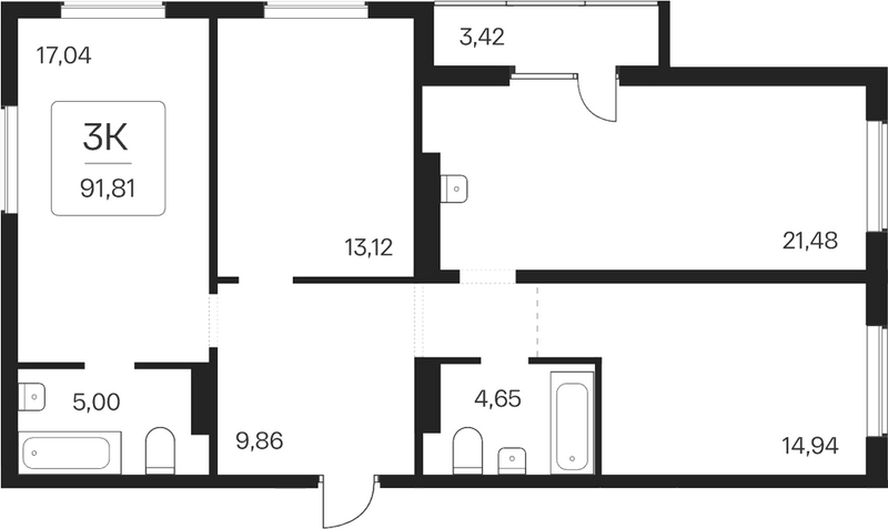 Планировка 3-к.кв 88.39 м² в ЖК «Эко-квартал на Кедровой»