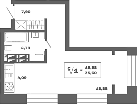Планировка студии 35.60 м² в ЖК «Ньютон»