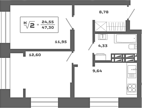 Планировка 2-к.кв 47.30 м² в ЖК «Ньютон»
