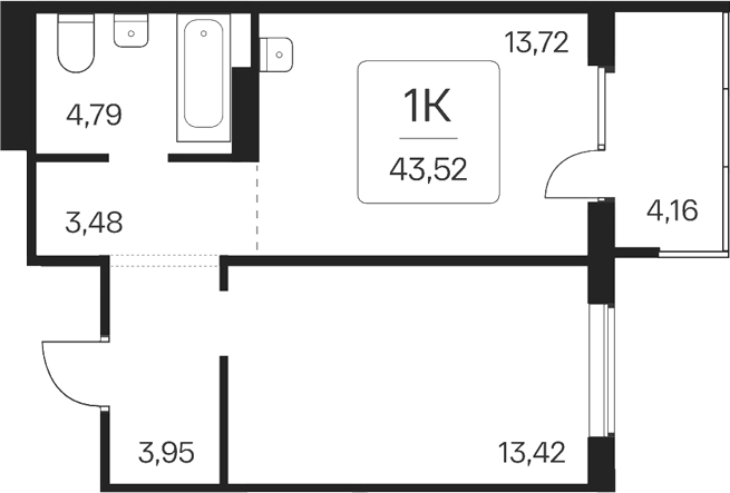Планировка 1-к.кв 39.36 м² в ЖК «Эко-квартал на Кедровой»