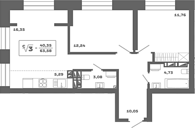 Планировка 3е-к.кв 63.58 м² в ЖК «Ньютон»