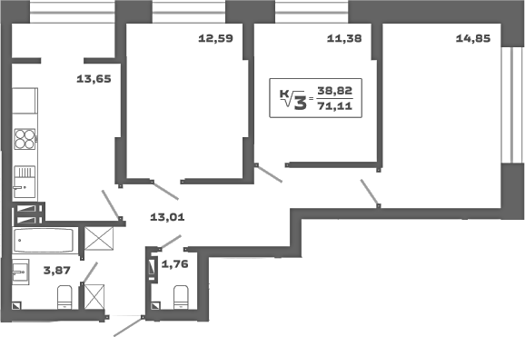 Планировка 3-к.кв 71.11 м² в ЖК «Ньютон»