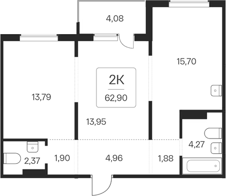 Планировка 2-к. квартира 58.82 м² в ЖК «Эко-квартал на Кедровой»