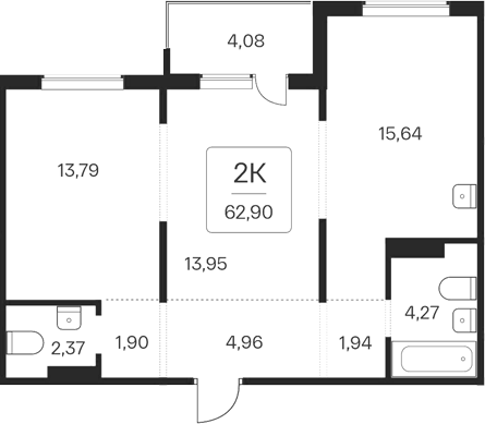 Планировка 2-к. квартира 58.82 м² в ЖК «Эко-квартал на Кедровой»