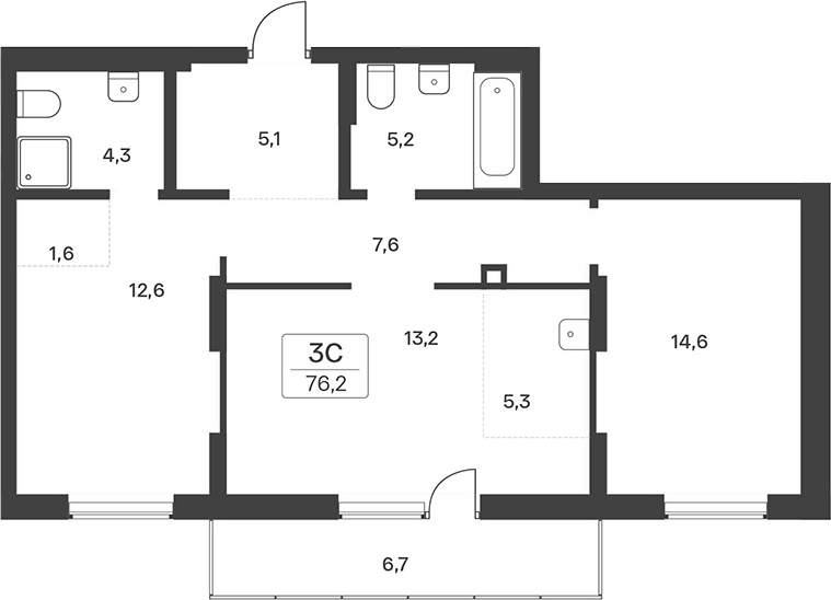 Планировка 3е-к.кв 69.50 м² в ЖК «Расцветай на Учительской»