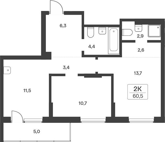 Планировка 2-к.кв 55.50 м² в ЖК «Расцветай на Учительской»