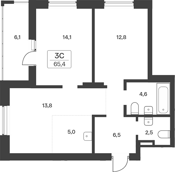 Планировка 3е-к.кв 59.30 м² в ЖК «Расцветай на Учительской»