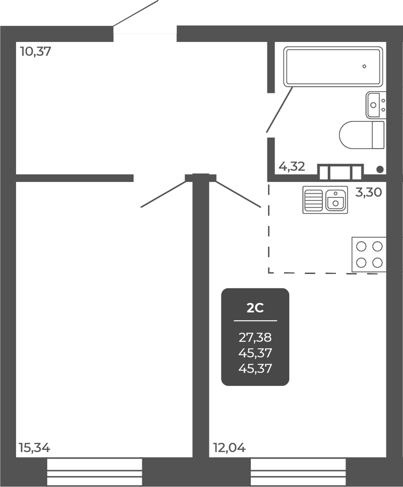 Планировка 2е-к.кв 45.37 м² в ЖК «НОВА АПАРТ»