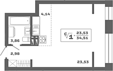 Планировка студии 34.51 м² в ЖК «Ньютон»