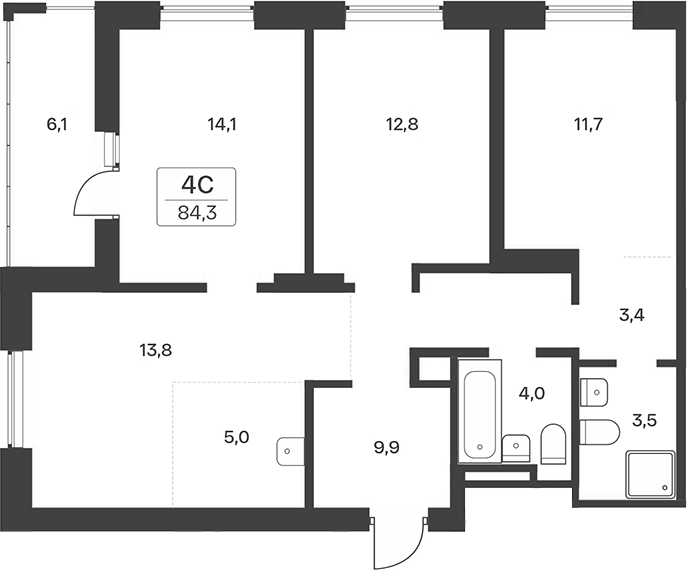 Планировка 4е-к.кв 78.20 м² в ЖК «Расцветай на Учительской»