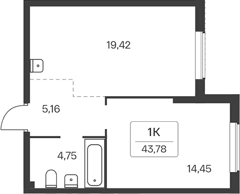 Планировка 1-к.кв 43.78 м² в ЖК «Расцветай на Зорге»