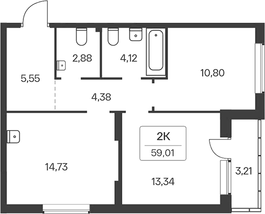 Планировка 2-к.кв 55.80 м² в ЖК «Расцветай на Зорге»