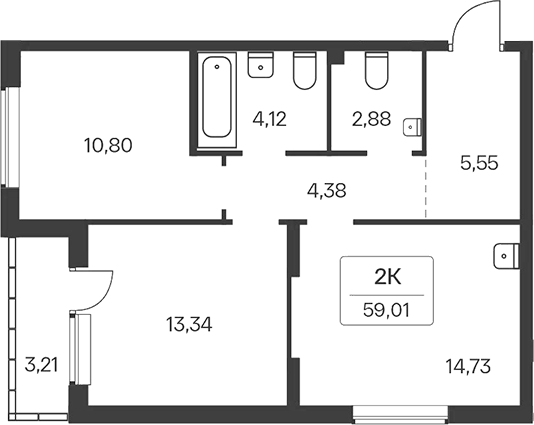 Планировка 2-к.кв 55.80 м² в ЖК «Расцветай на Зорге»