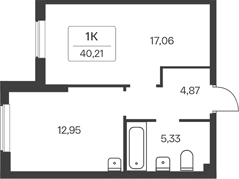 Планировка 1-к.кв 40.21 м² в ЖК «Расцветай на Зорге»