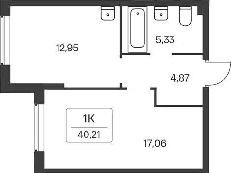 Планировка 1-к.кв 40.21 м² в ЖК «Расцветай на Зорге»