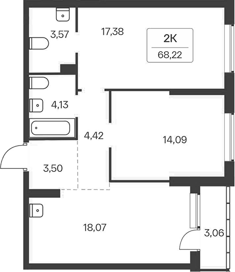Планировка 2-к.кв 65.16 м² в ЖК «Расцветай на Зорге»