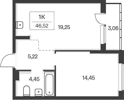 Планировка 1-к.кв 43.46 м² в ЖК «Расцветай на Зорге»