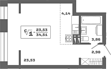 Планировка студии 34.51 м² в ЖК «Ньютон»