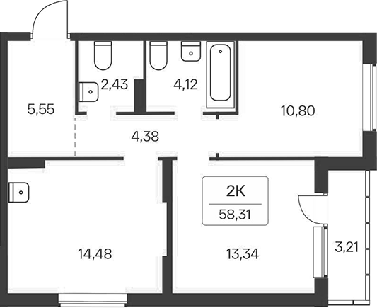 Планировка 2-к.кв 55.10 м² в ЖК «Расцветай на Зорге»