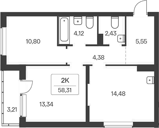 Планировка 2-к.кв 55.10 м² в ЖК «Расцветай на Зорге»