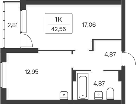 Планировка 1-к.кв 39.75 м² в ЖК «Расцветай на Зорге»