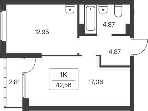 Планировка 1-к.кв 39.75 м² в ЖК «Расцветай на Зорге»
