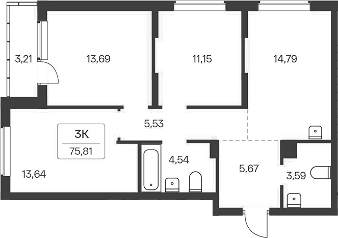 Планировка 3-к.кв 72.60 м² в ЖК «Расцветай на Зорге»