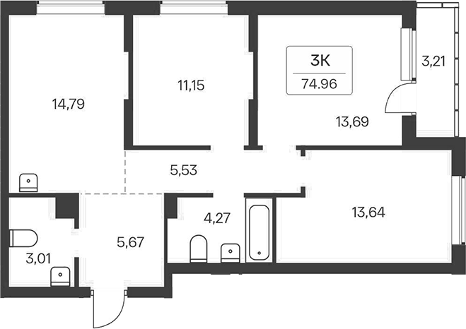 Планировка 3-к.кв 71.75 м² в ЖК «Расцветай на Зорге»