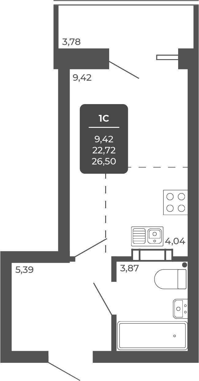 Планировка студии 22.72 м² в ЖК «НОВА АПАРТ»