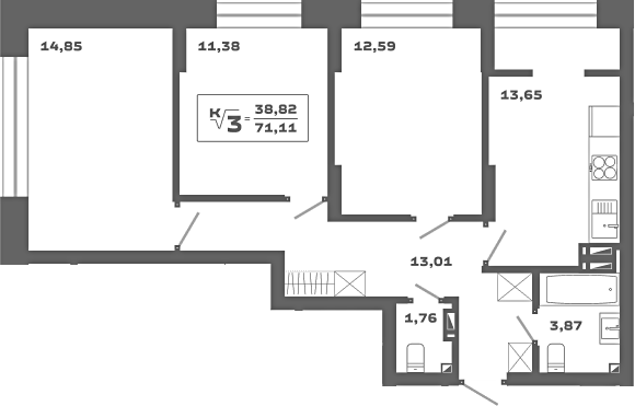 Планировка 3-к. квартира 71.11 м² в ЖК «Ньютон»