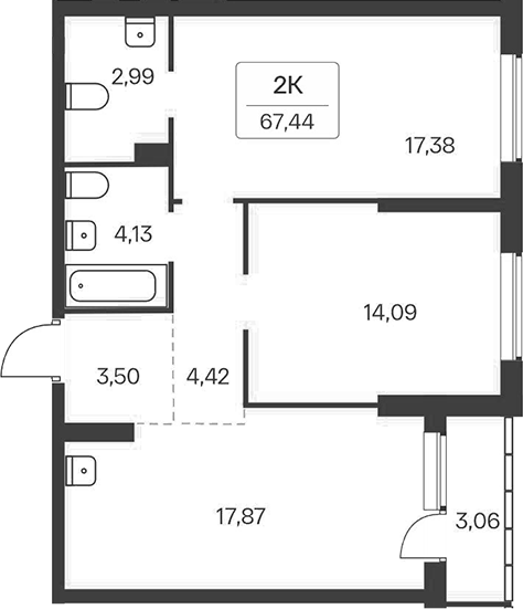 Планировка 2-к.кв 64.38 м² в ЖК «Расцветай на Зорге»