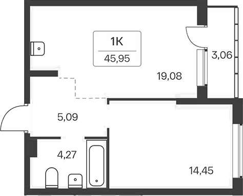 Планировка 1-к.кв 42.89 м² в ЖК «Расцветай на Зорге»
