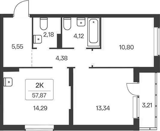 Планировка 2-к.кв 54.66 м² в ЖК «Расцветай на Зорге»